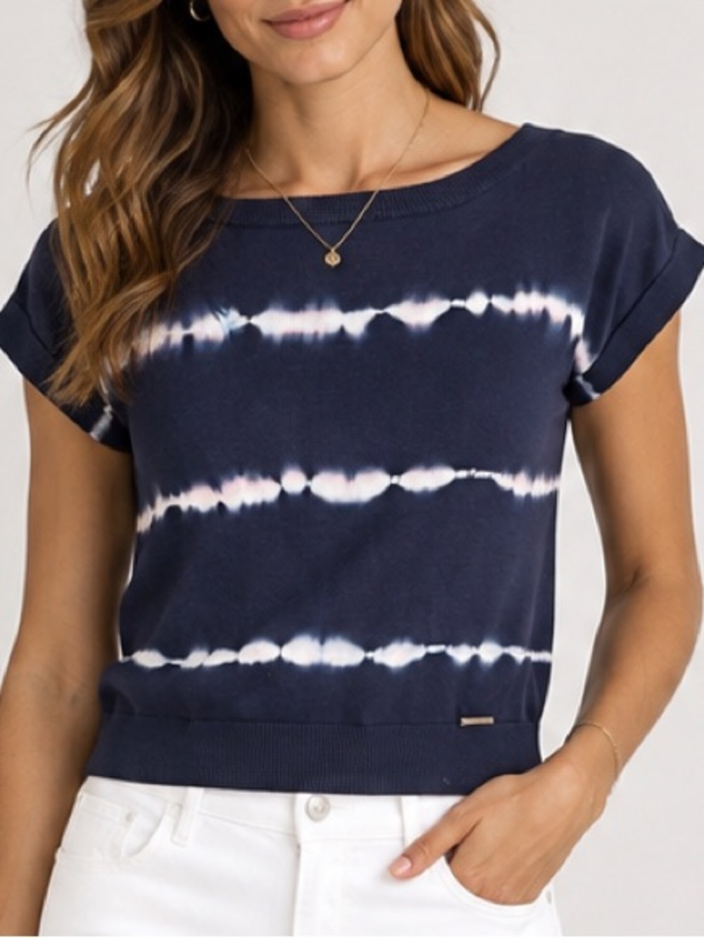 Michael Kors Navy White Tie Dye Stripe Knit Top Short Sleeve Size S